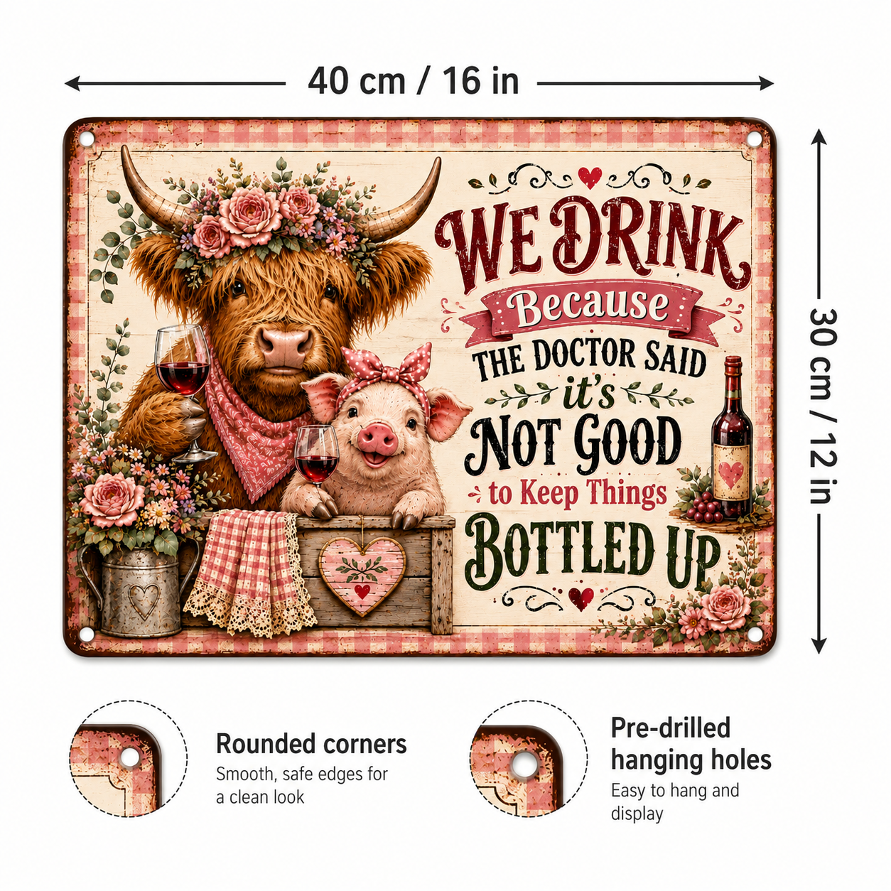16 x 12 Inch Highland Cow and Pig Funny Wine Metal Sign