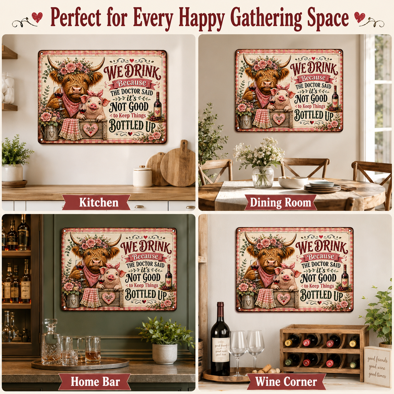 16 x 12 Inch Highland Cow and Pig Funny Wine Metal Sign