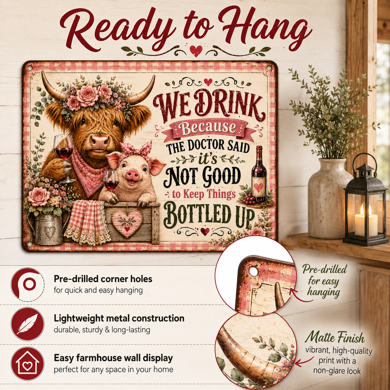 16 x 12 Inch Highland Cow and Pig Funny Wine Metal Sign