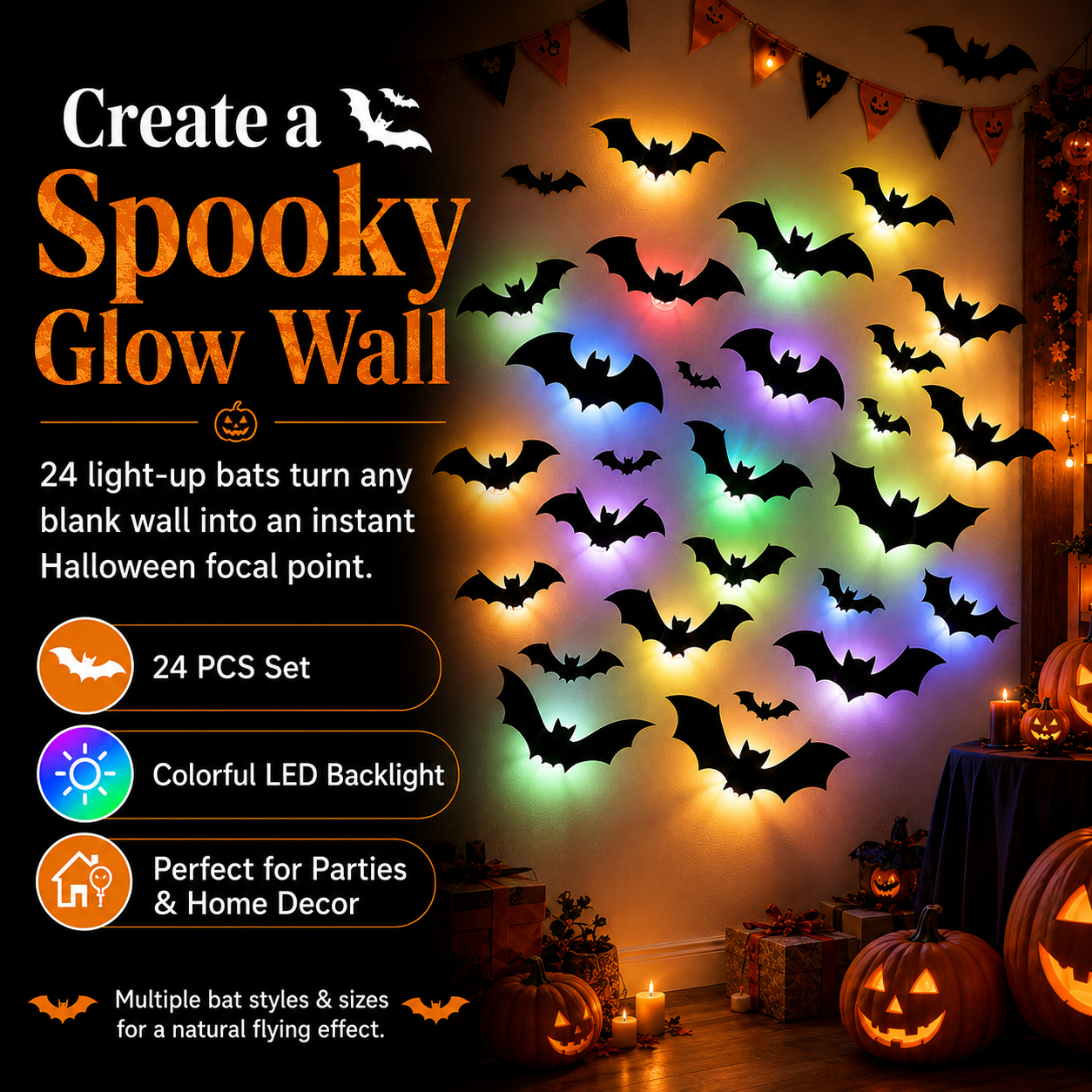 24 PCS 3D Black Bat Wall Decorations with Colorful LED Glow Bases🦇