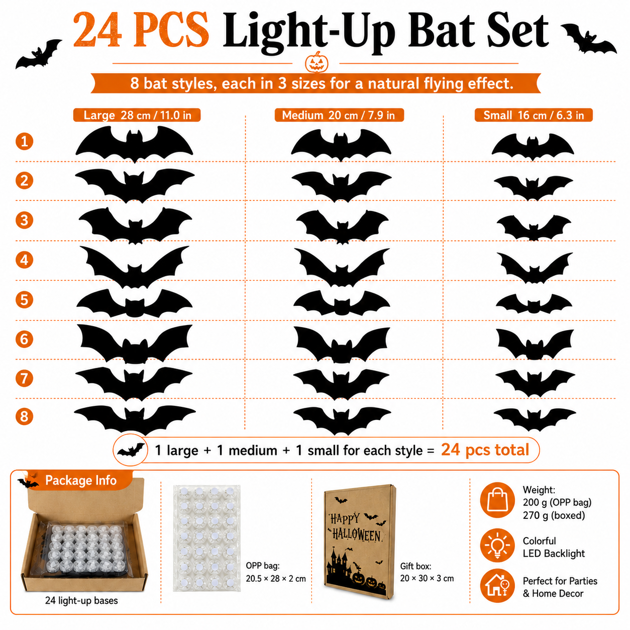 24 PCS 3D Black Bat Wall Decorations with Colorful LED Glow Bases🦇