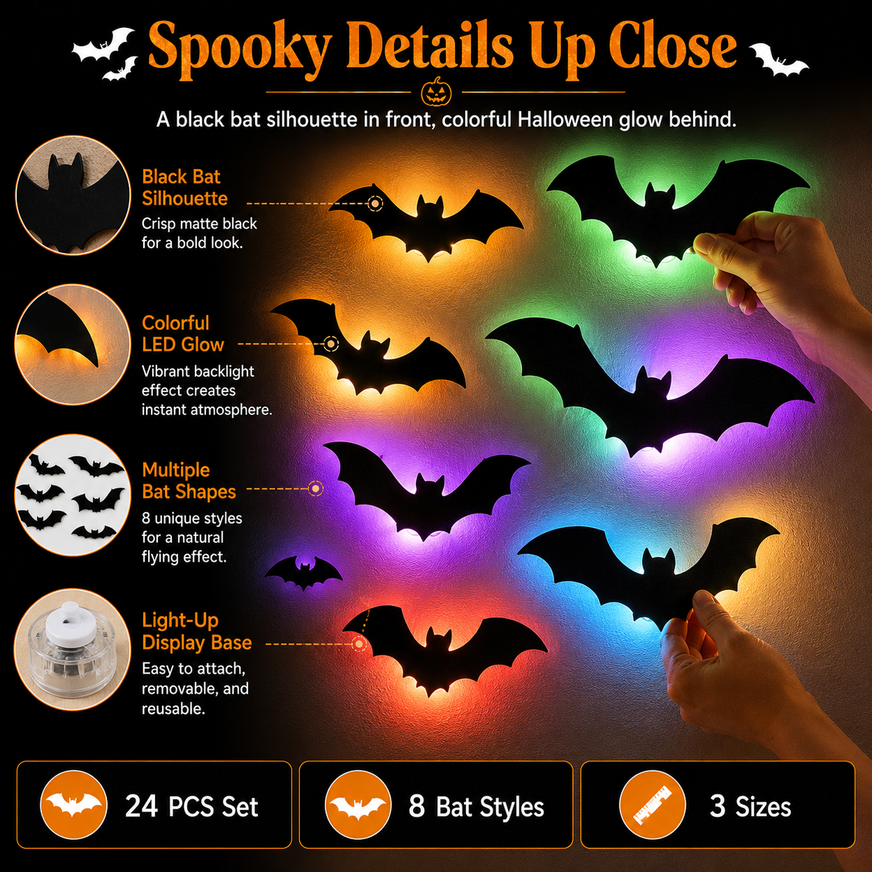 24 PCS 3D Black Bat Wall Decorations with Colorful LED Glow Bases🦇