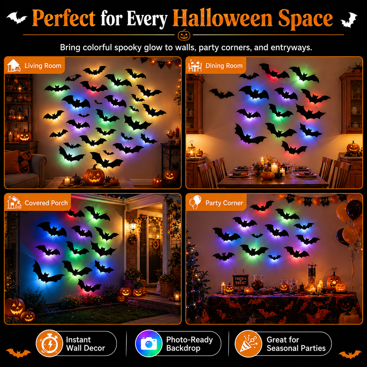 24 PCS 3D Black Bat Wall Decorations with Colorful LED Glow Bases🦇