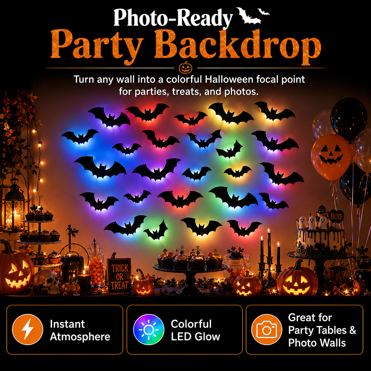24 PCS 3D Black Bat Wall Decorations with Colorful LED Glow Bases🦇