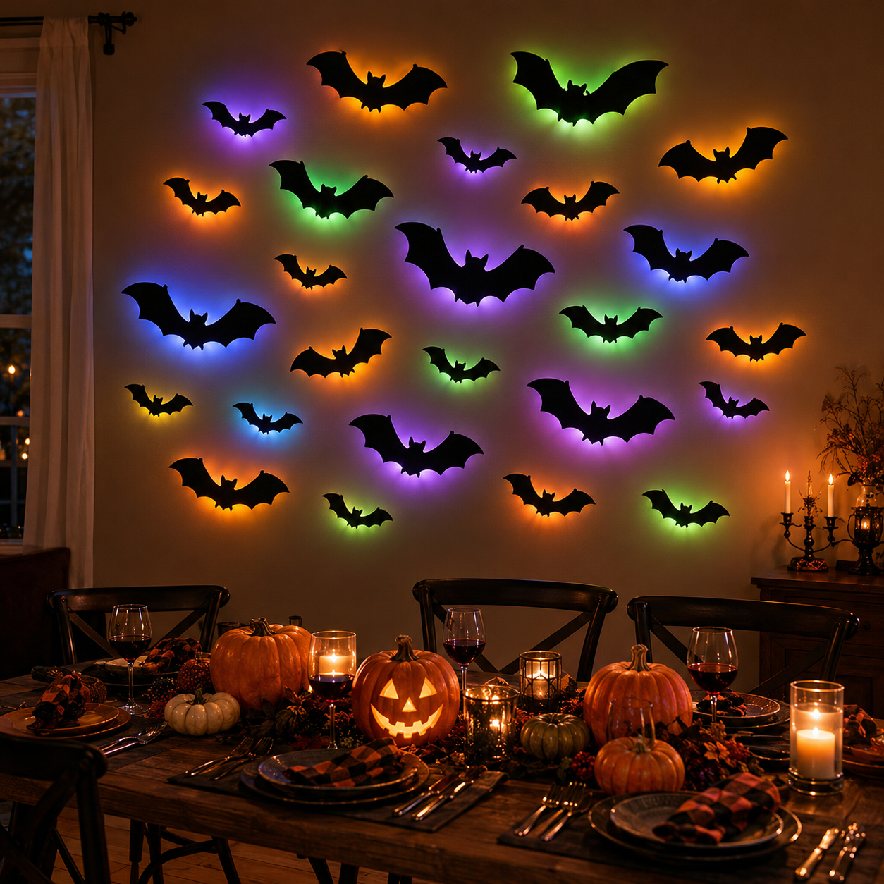 24 PCS 3D Black Bat Wall Decorations with Colorful LED Glow Bases🦇