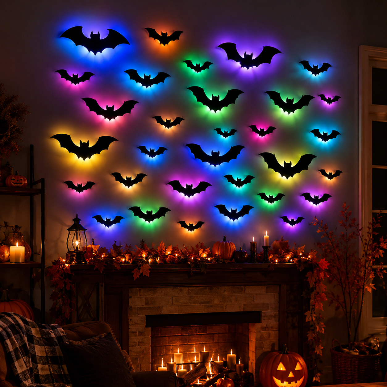 24 PCS 3D Black Bat Wall Decorations with Colorful LED Glow Bases🦇
