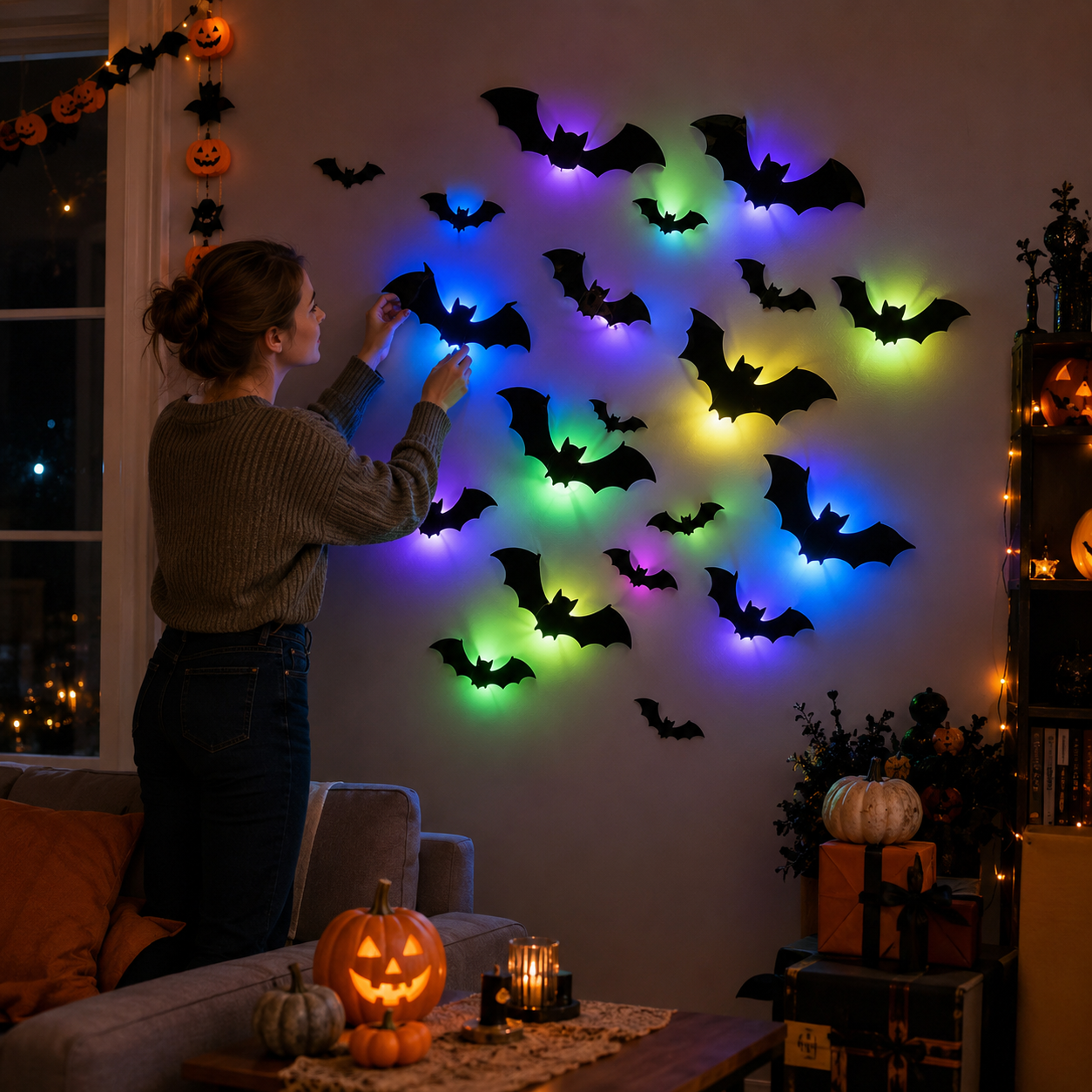 24 PCS 3D Black Bat Wall Decorations with Colorful LED Glow Bases🦇