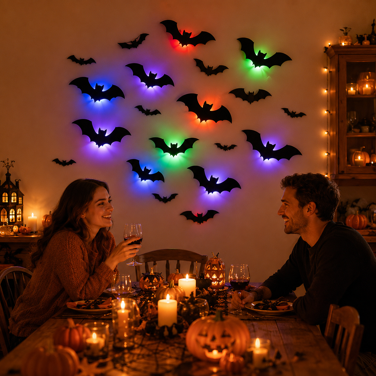 24 PCS 3D Black Bat Wall Decorations with Colorful LED Glow Bases🦇
