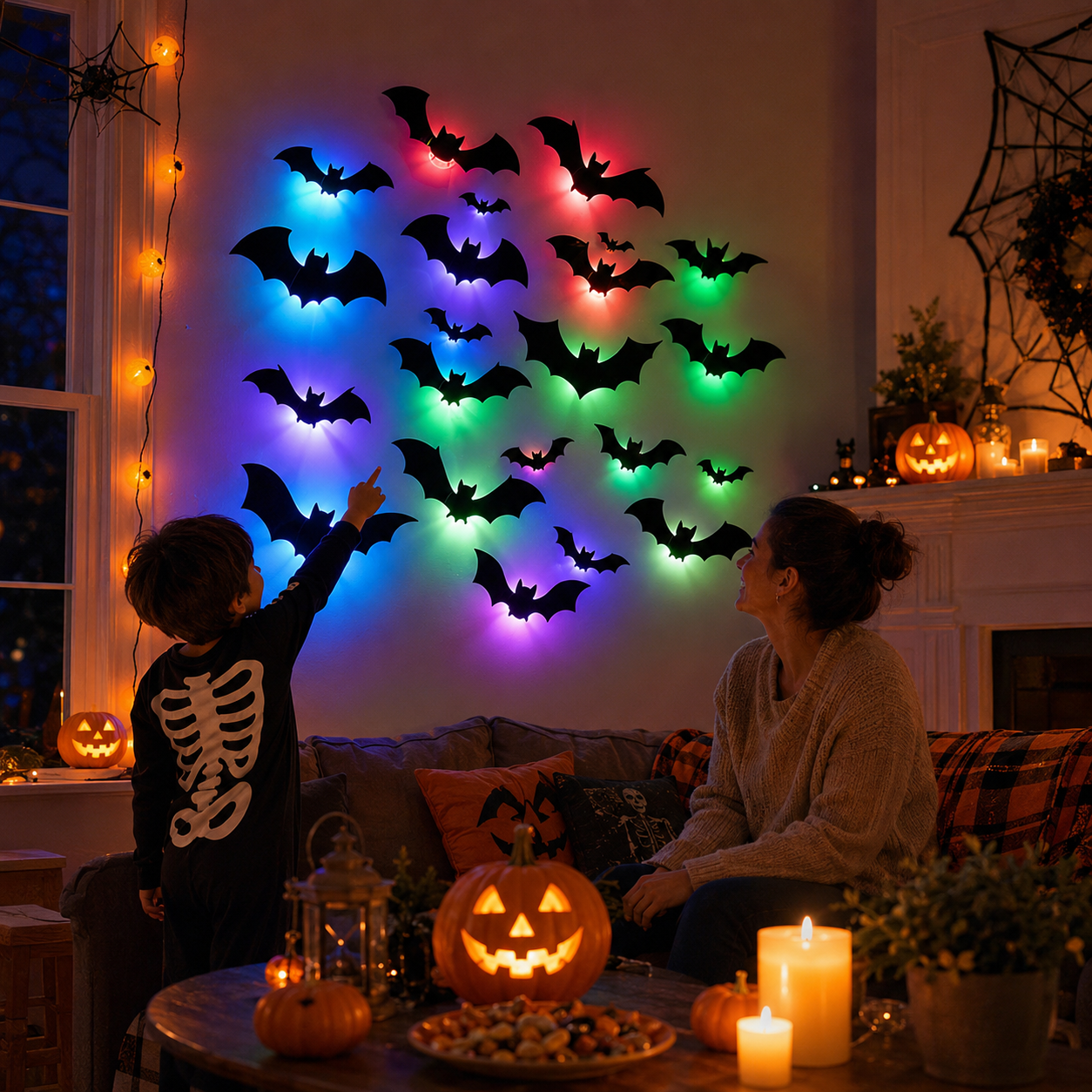 24 PCS 3D Black Bat Wall Decorations with Colorful LED Glow Bases🦇