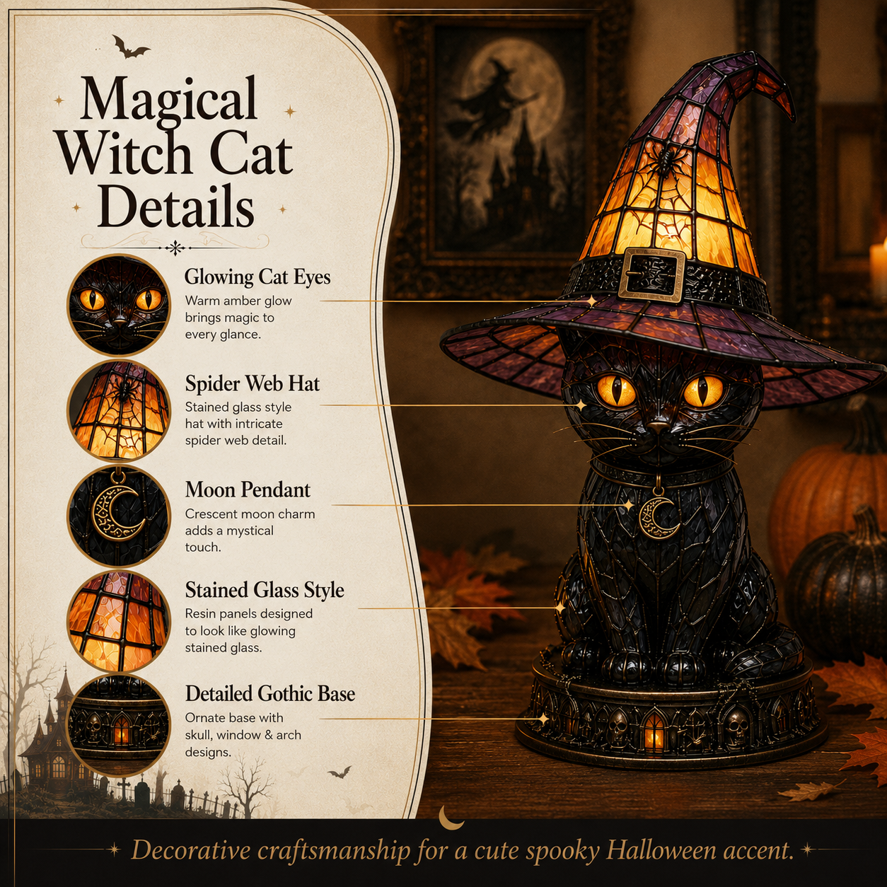 Halloween Witch Cat Stained Glass Lamp