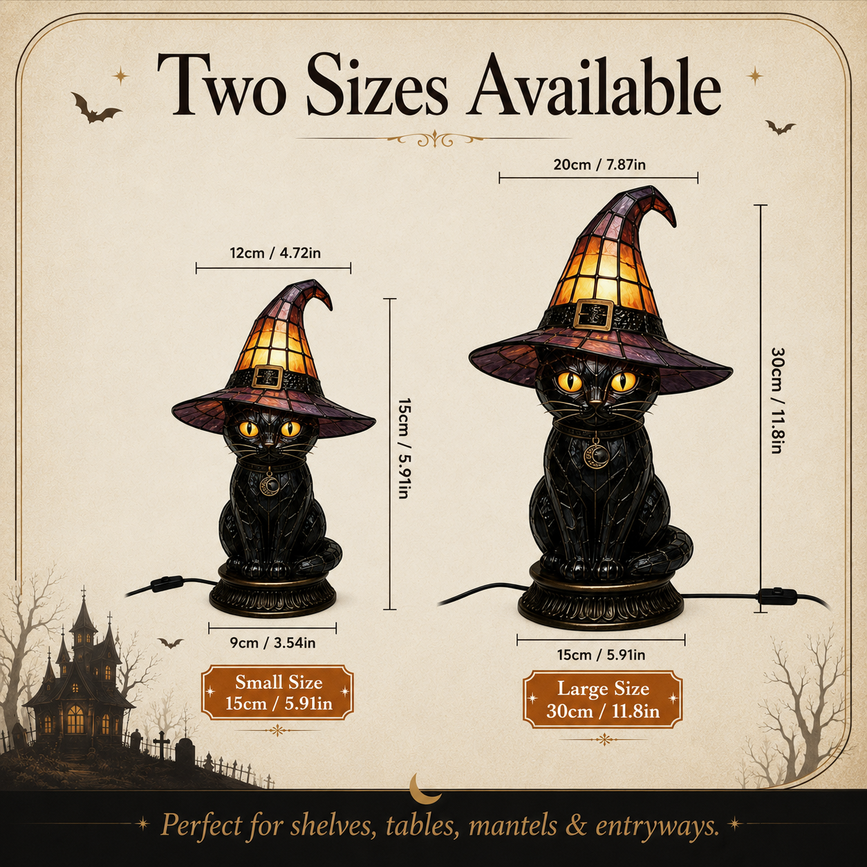 Halloween Witch Cat Stained Glass Lamp