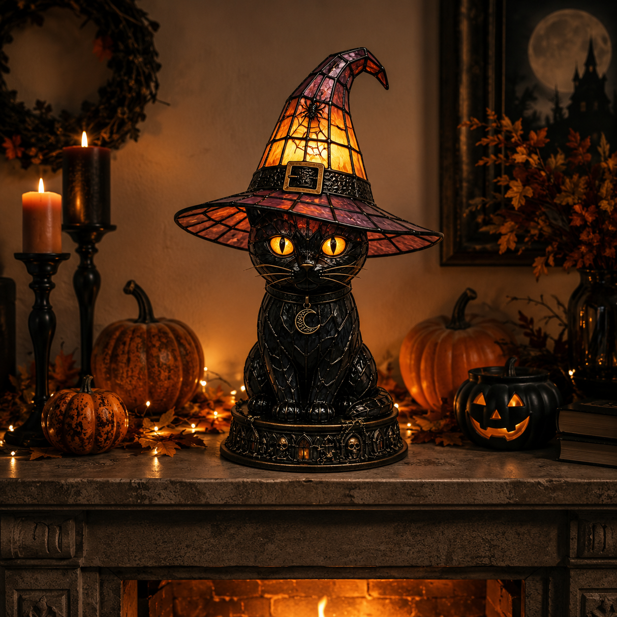 Halloween Witch Cat Stained Glass Lamp