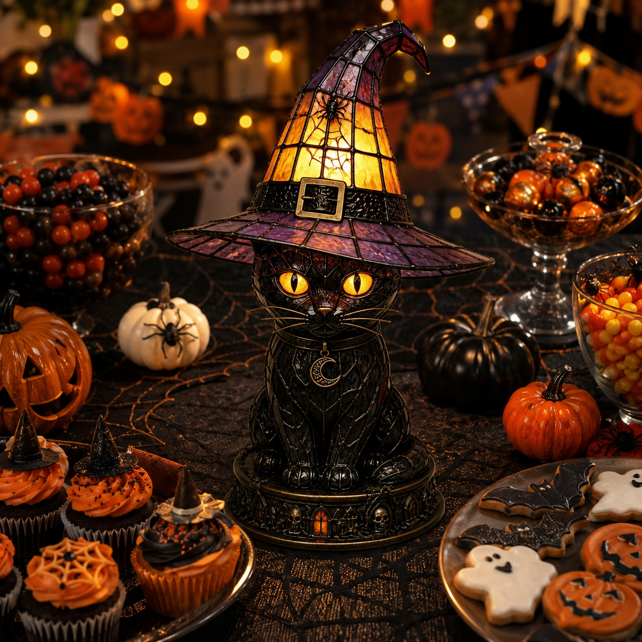 Halloween Witch Cat Stained Glass Lamp