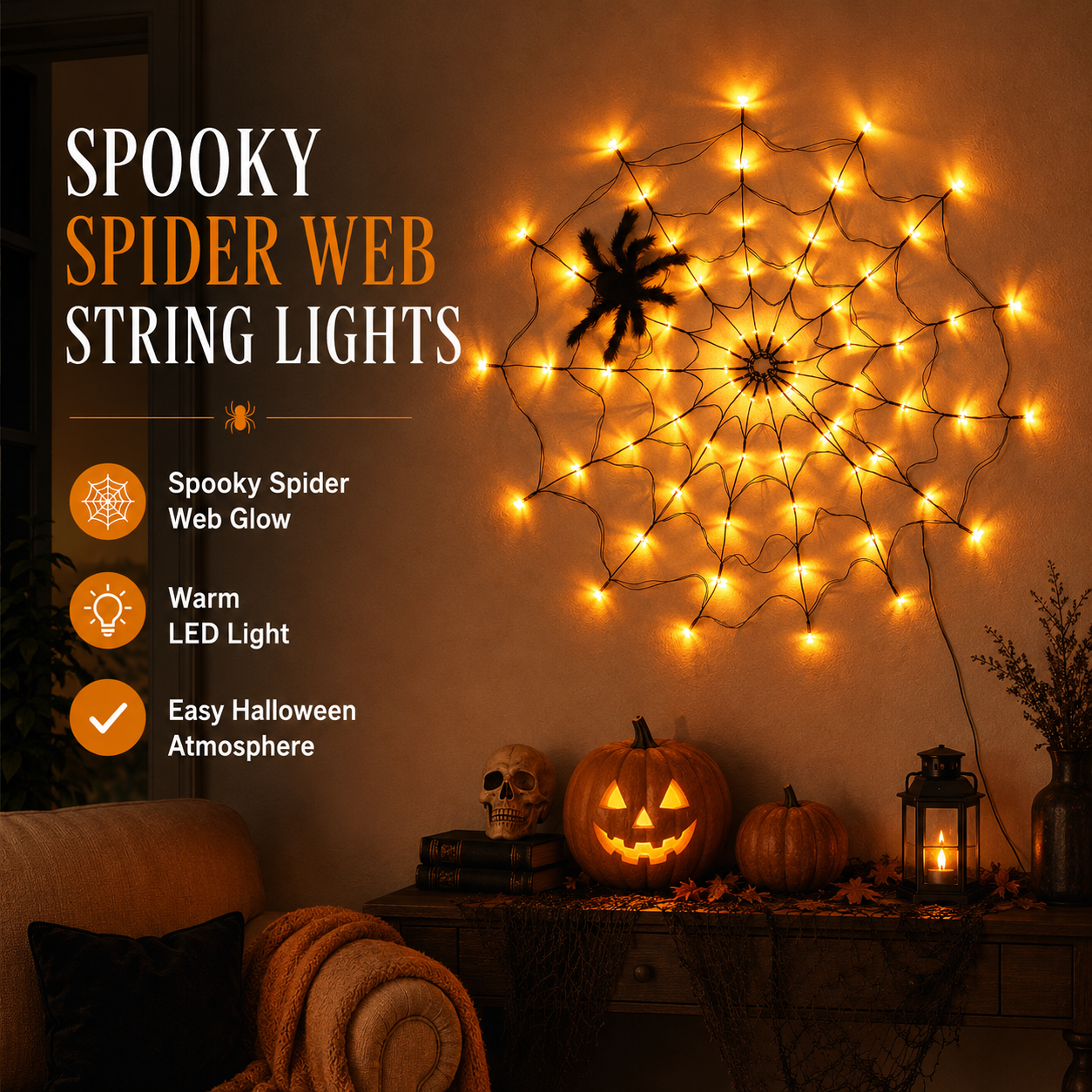 Halloween Spider Web String Lights with Remote 🕷️🎃