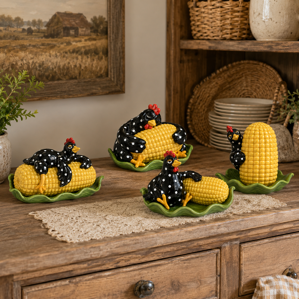 Whimsical Hen & Corn Figurine