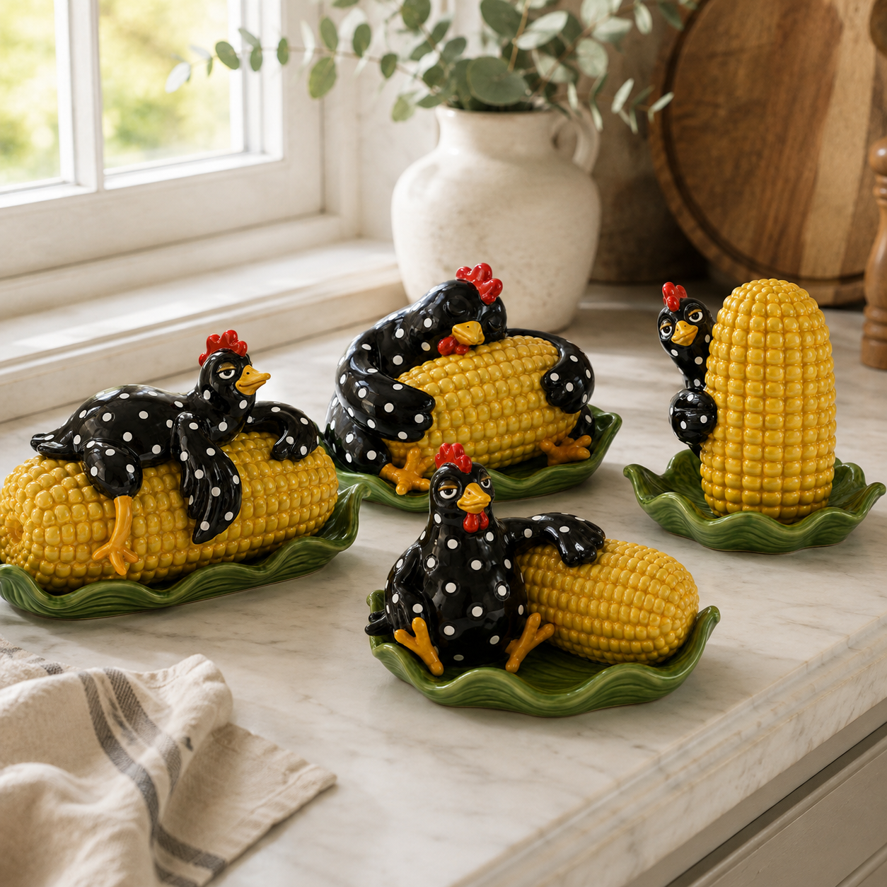 Whimsical Hen & Corn Figurine