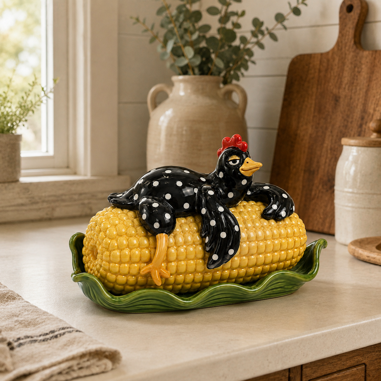 Whimsical Hen & Corn Figurine