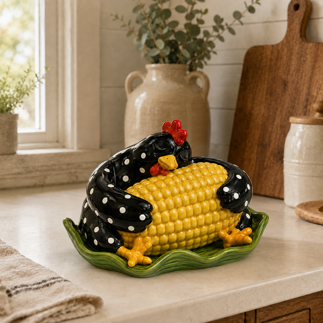 Whimsical Hen & Corn Figurine