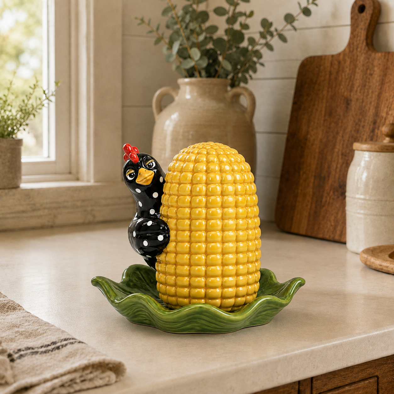 Whimsical Hen & Corn Figurine