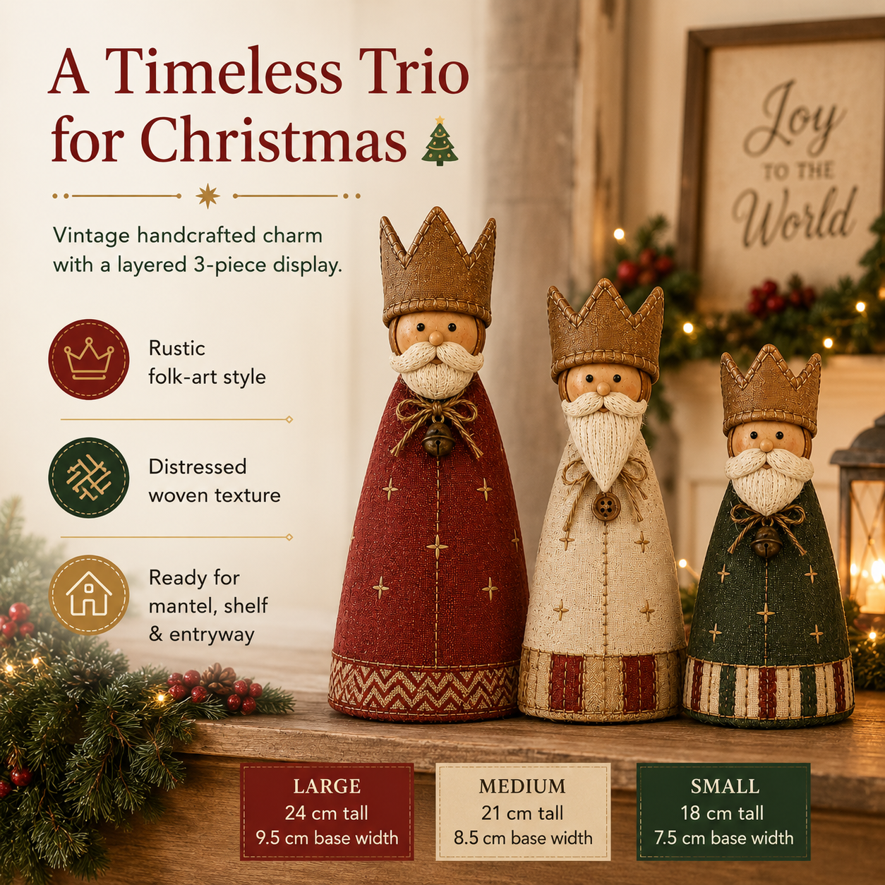 Vintage Christmas Kings Fabric Figurines Set of 3