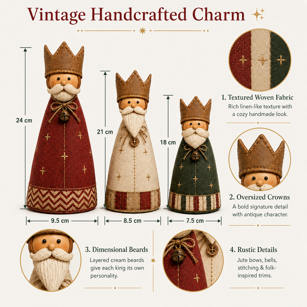 Vintage Christmas Kings Fabric Figurines Set of 3