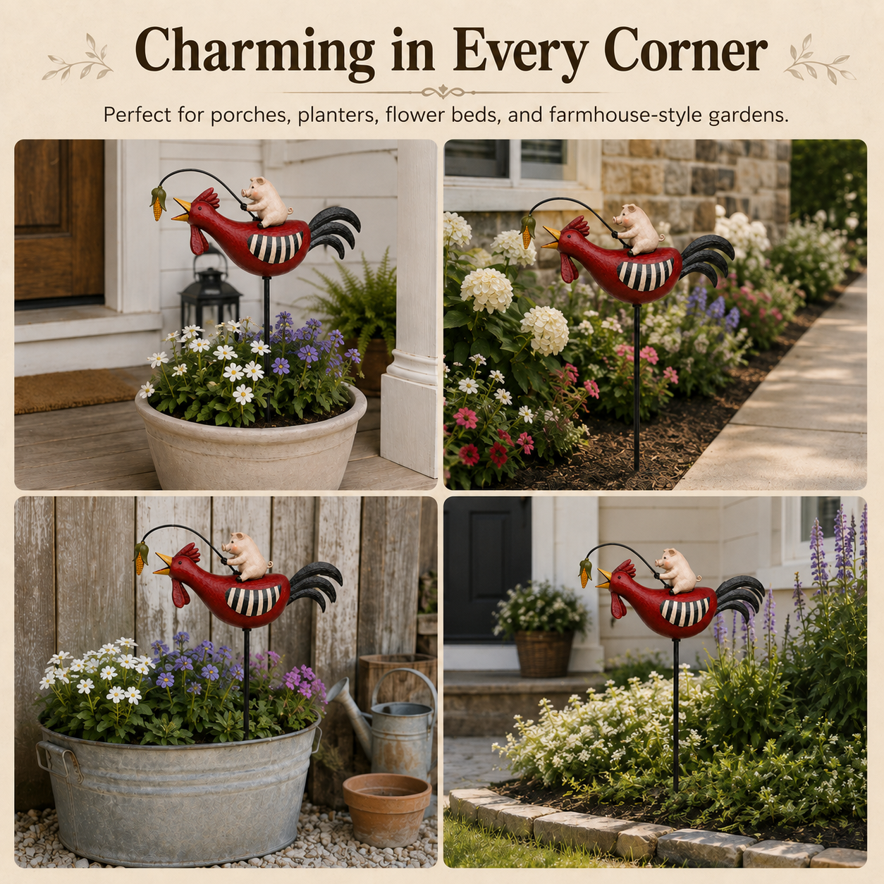 Whimsical Pig Riding Rooster Metal Garden Stake
