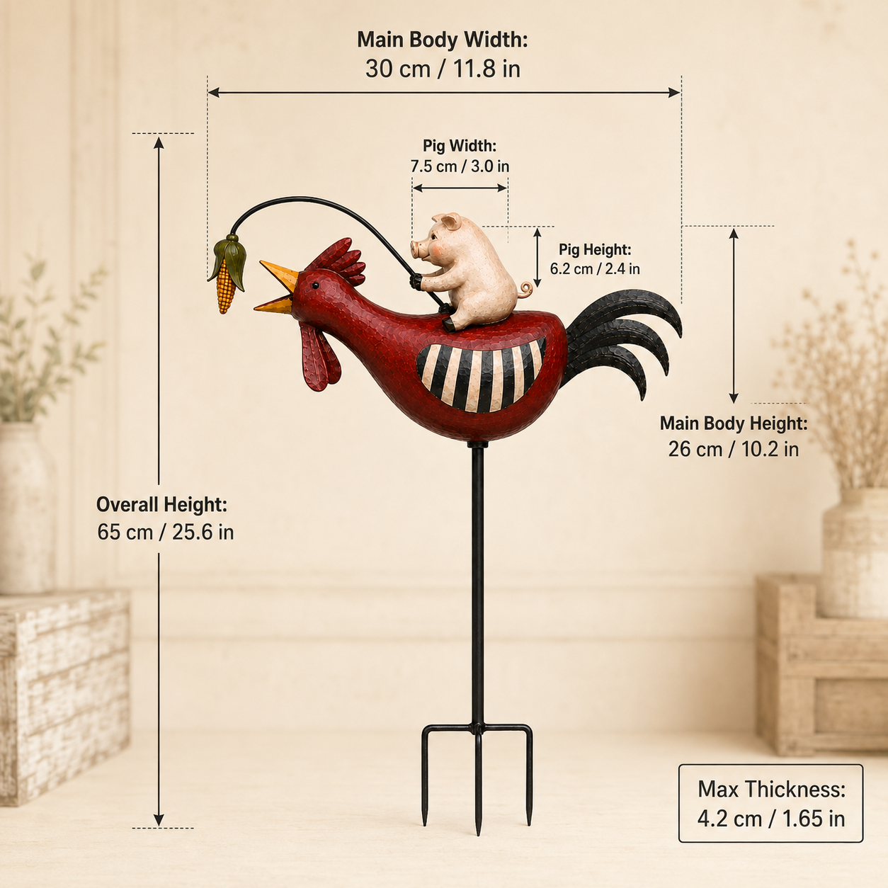 Whimsical Pig Riding Rooster Metal Garden Stake