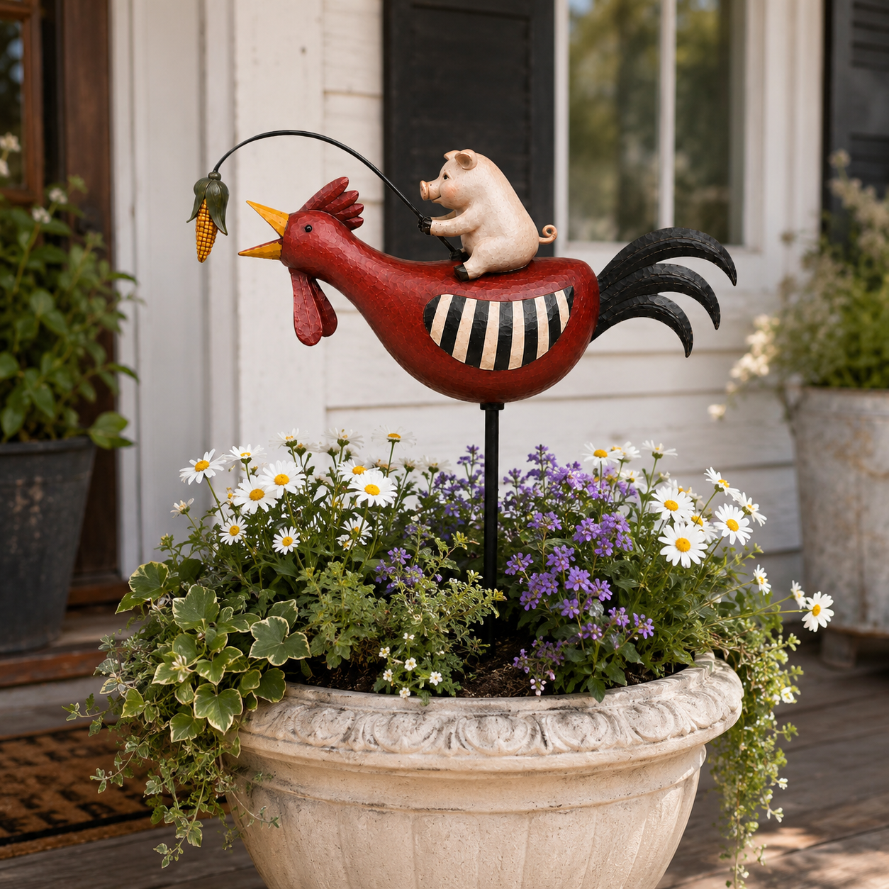 Whimsical Pig Riding Rooster Metal Garden Stake