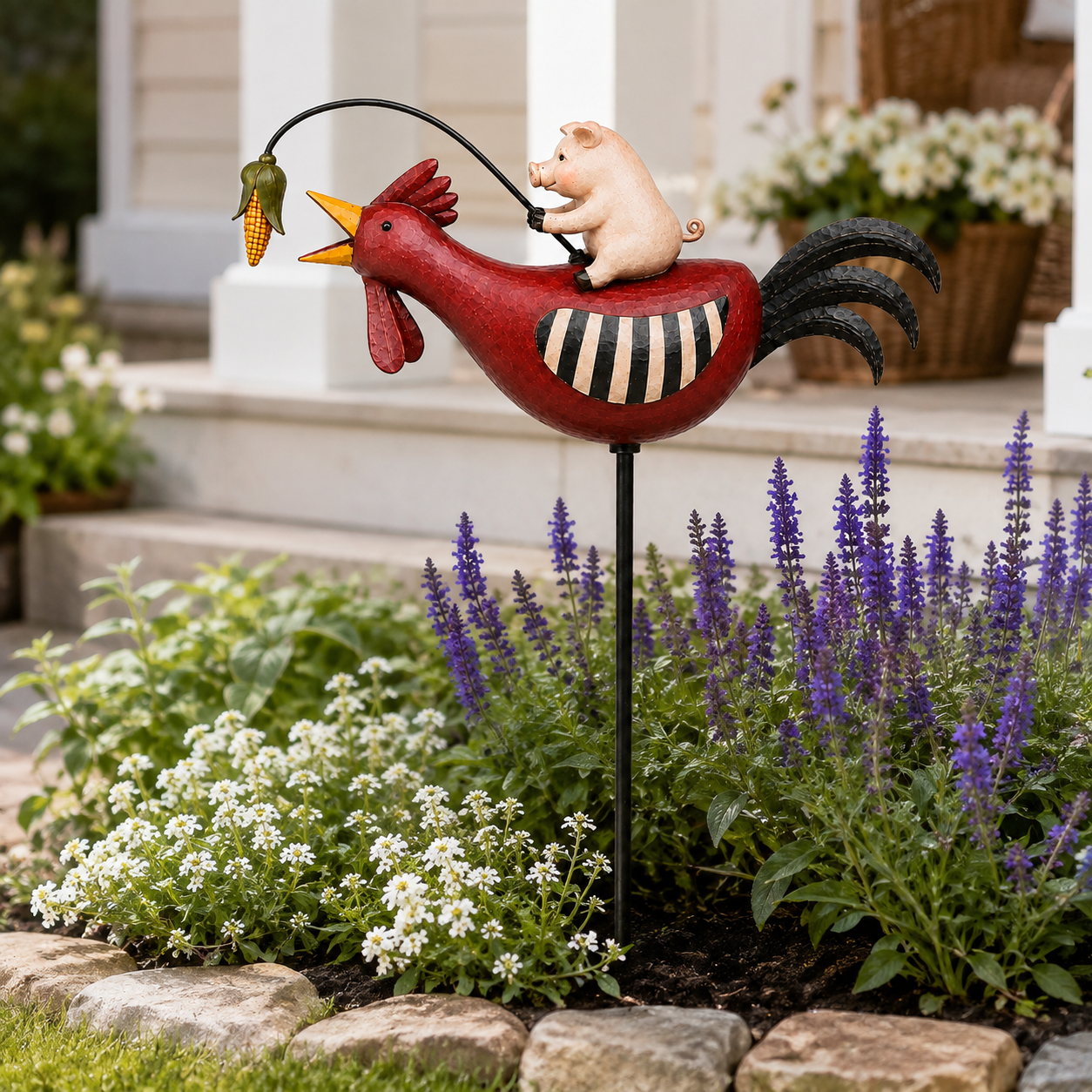 Whimsical Pig Riding Rooster Metal Garden Stake