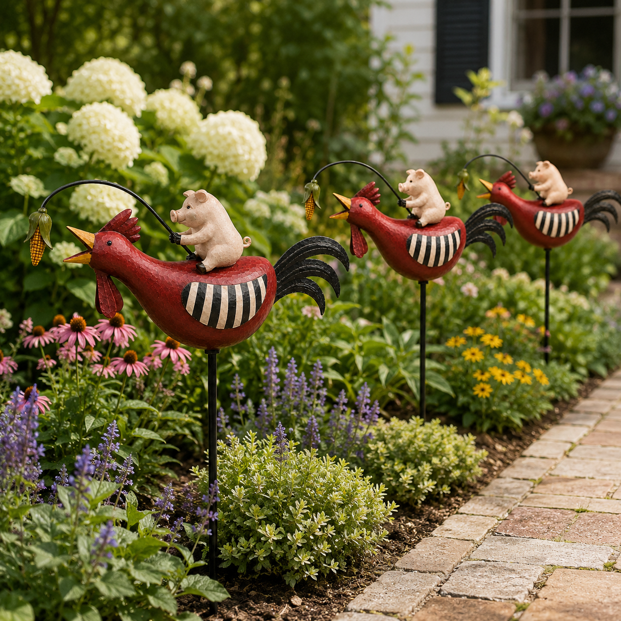 Whimsical Pig Riding Rooster Metal Garden Stake