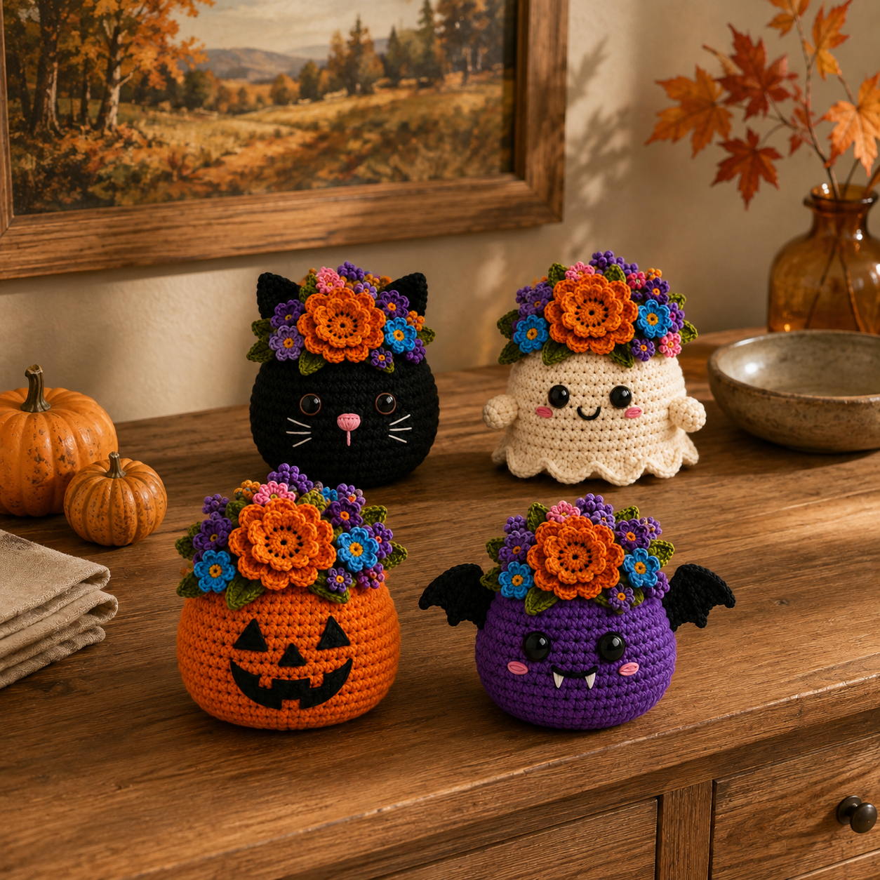 Boo-Tanical Crochet Halloween Flower Basket Decor