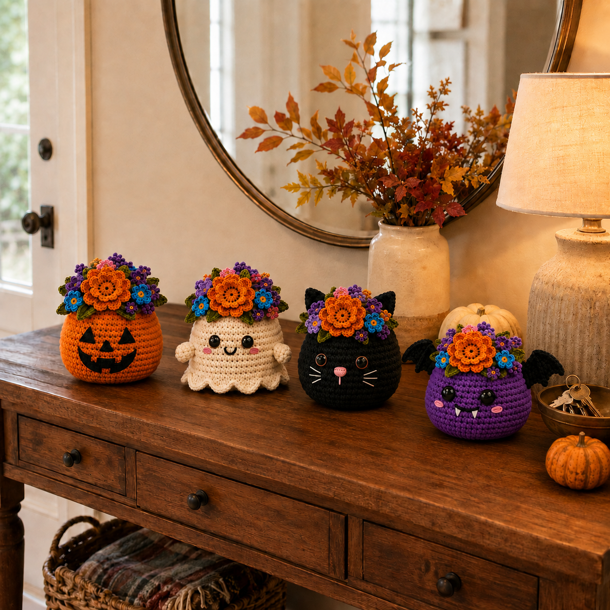 Boo-Tanical Crochet Halloween Flower Basket Decor