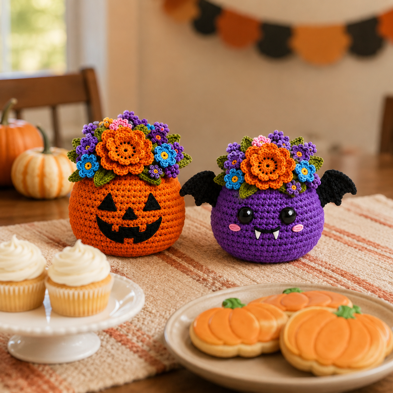 Boo-Tanical Crochet Halloween Flower Basket Decor