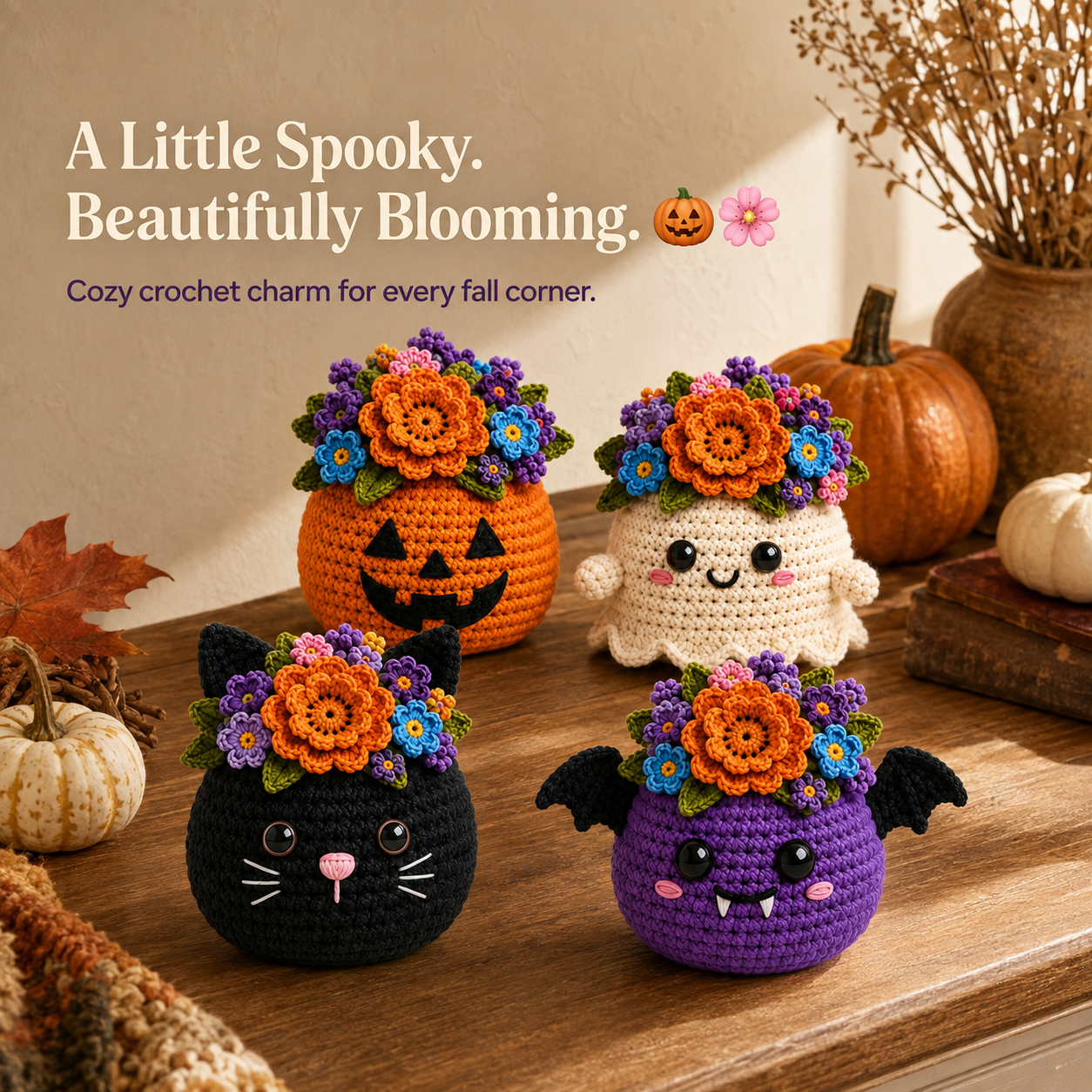 Boo-Tanical Crochet Halloween Flower Basket Decor