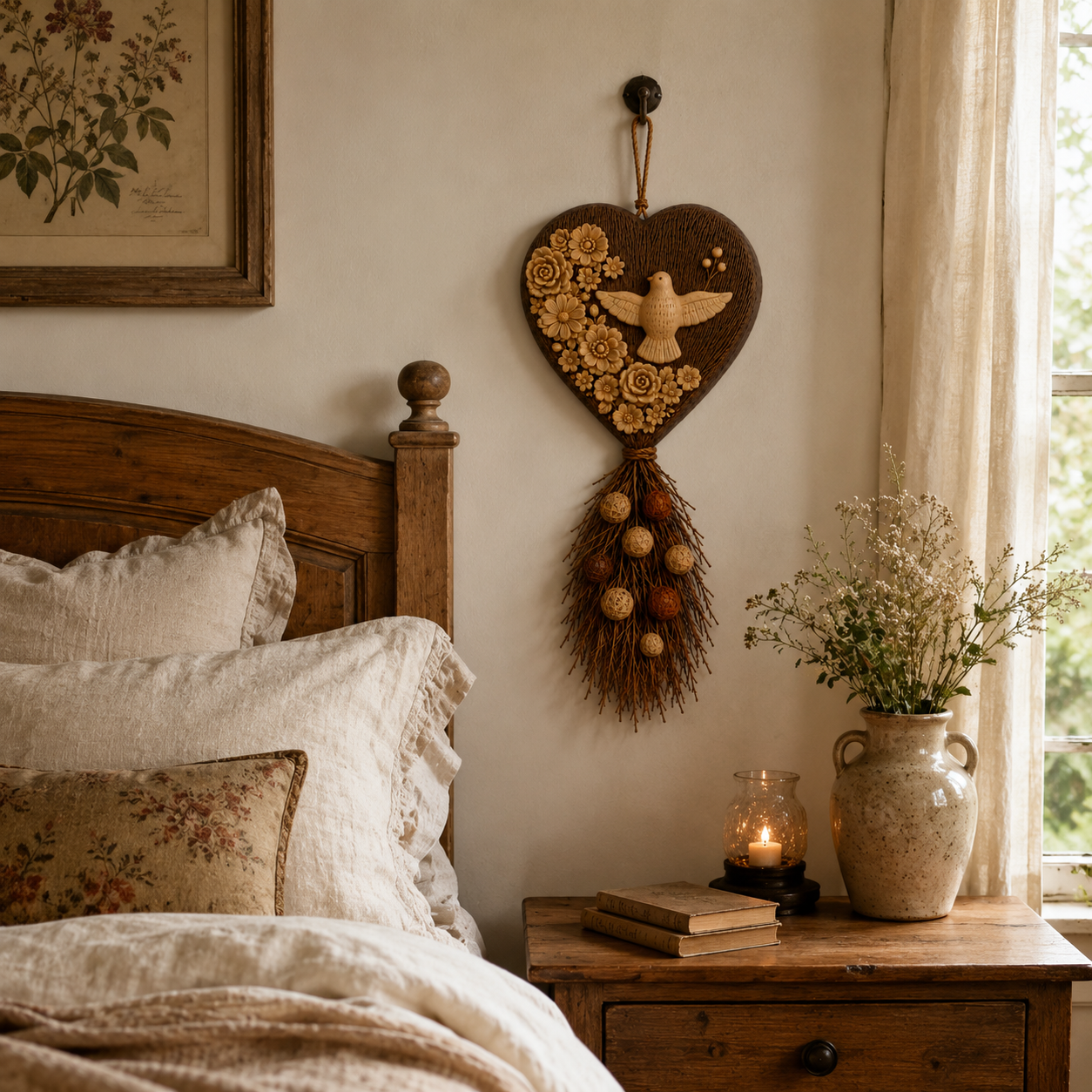 Vintage Botanical Dove Heart Wall Hanging