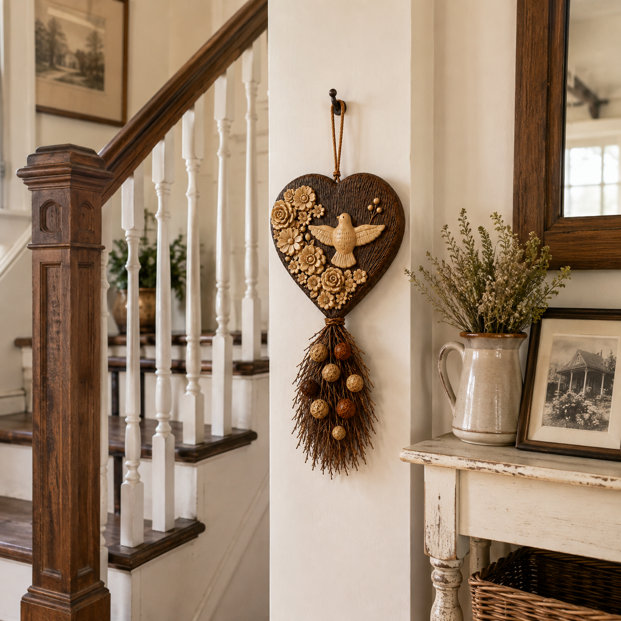 Vintage Botanical Dove Heart Wall Hanging