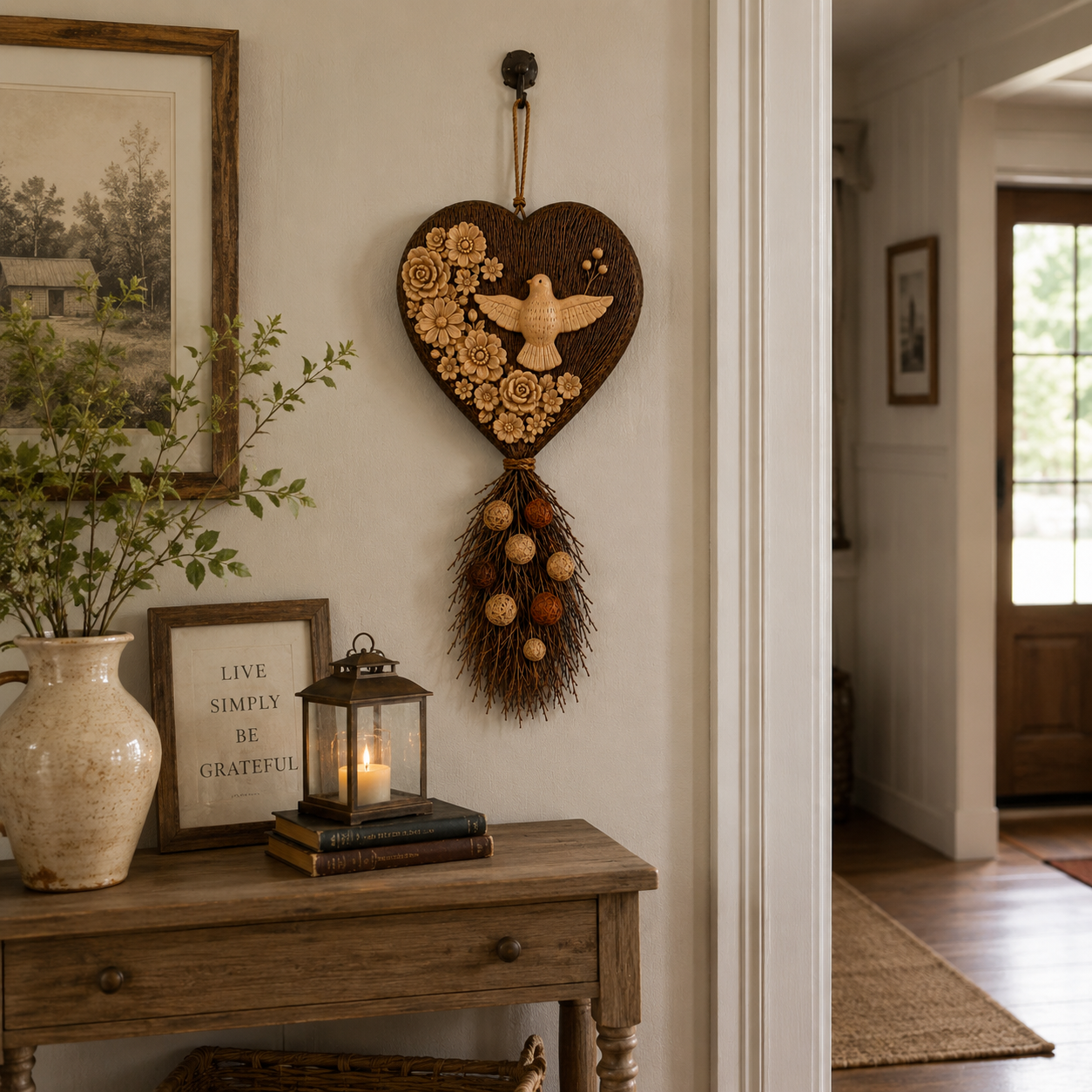 Vintage Botanical Dove Heart Wall Hanging