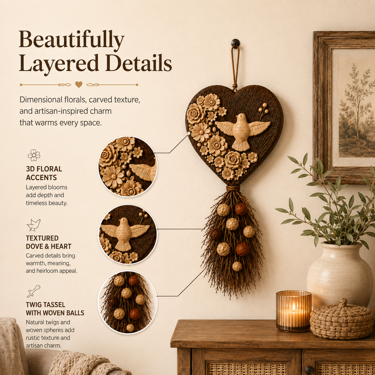 Vintage Botanical Dove Heart Wall Hanging