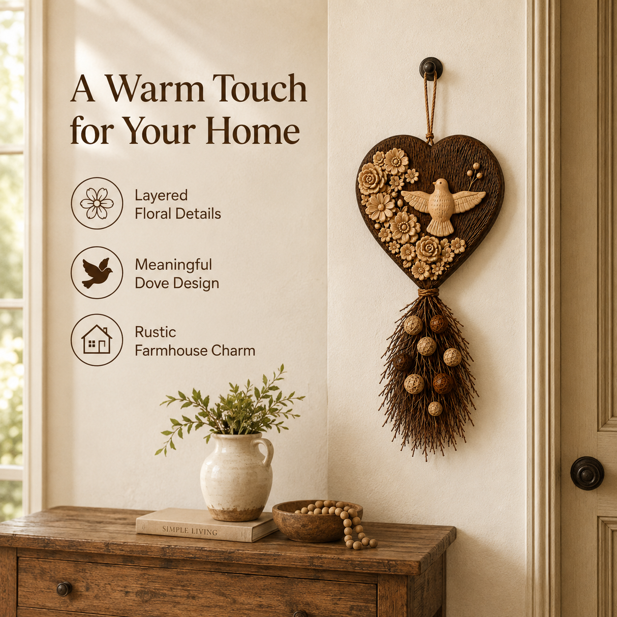 Vintage Botanical Dove Heart Wall Hanging