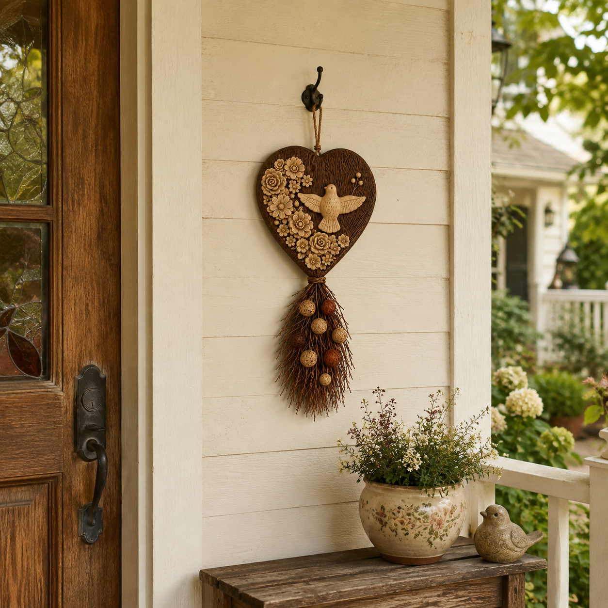 Vintage Botanical Dove Heart Wall Hanging
