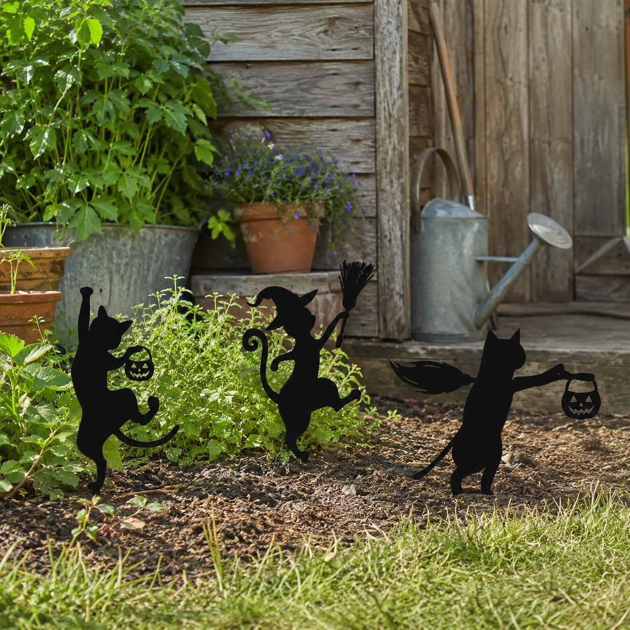 Halloween Black Cat Garden Stakes – 3-Piece Witchy Yard Silhouette Set
