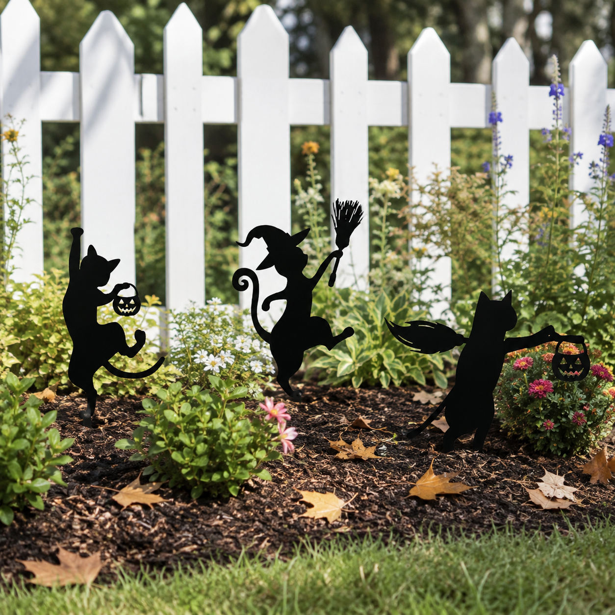 Halloween Black Cat Garden Stakes – 3-Piece Witchy Yard Silhouette Set