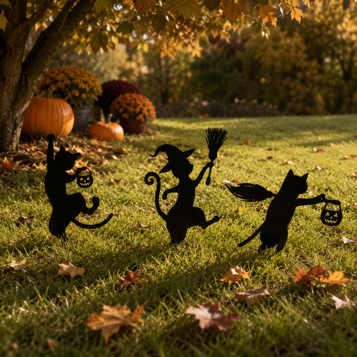 Halloween Black Cat Garden Stakes – 3-Piece Witchy Yard Silhouette Set