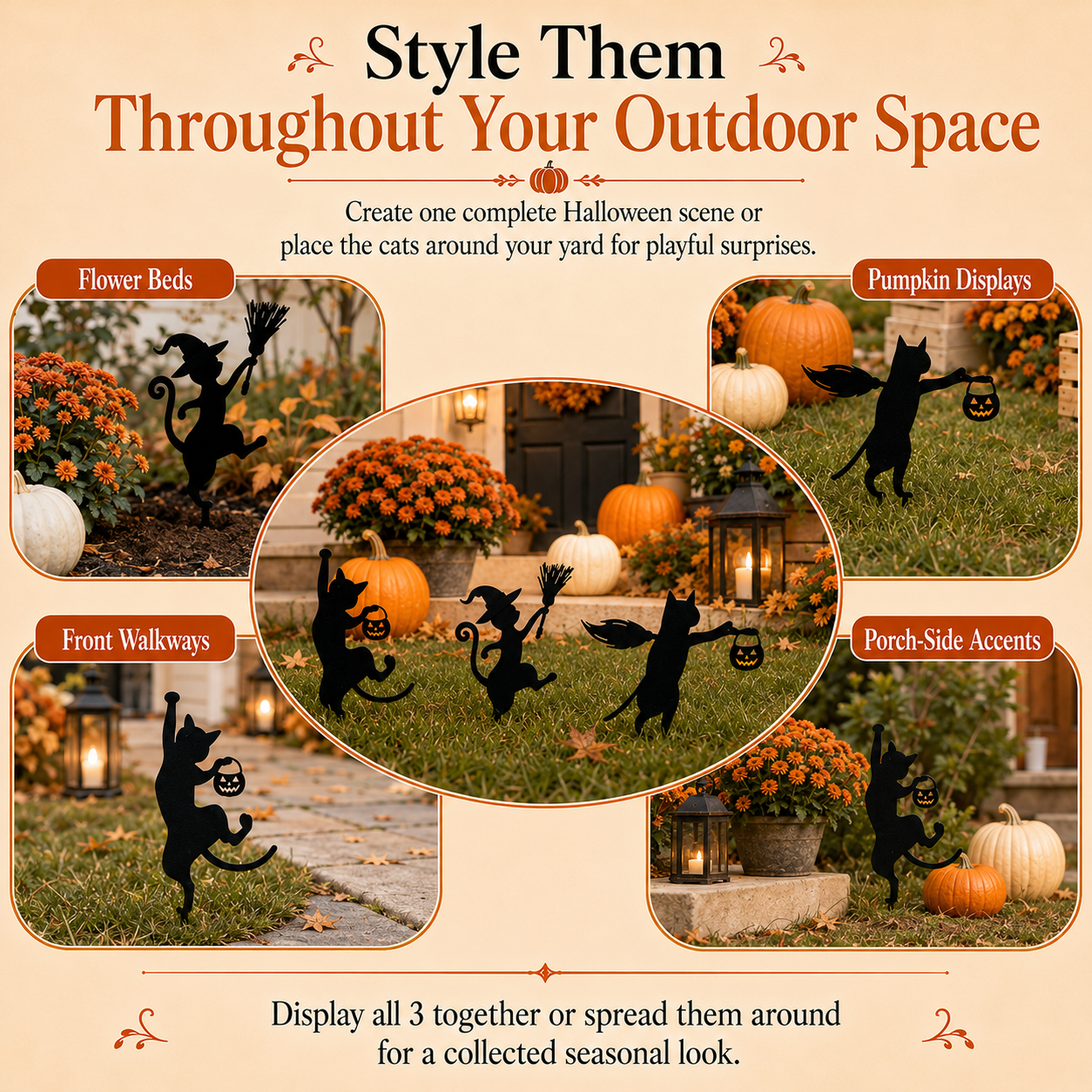 Halloween Black Cat Garden Stakes – 3-Piece Witchy Yard Silhouette Set