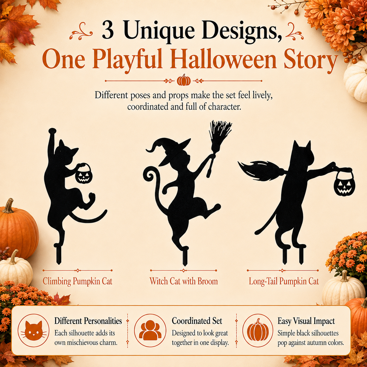 Halloween Black Cat Garden Stakes – 3-Piece Witchy Yard Silhouette Set