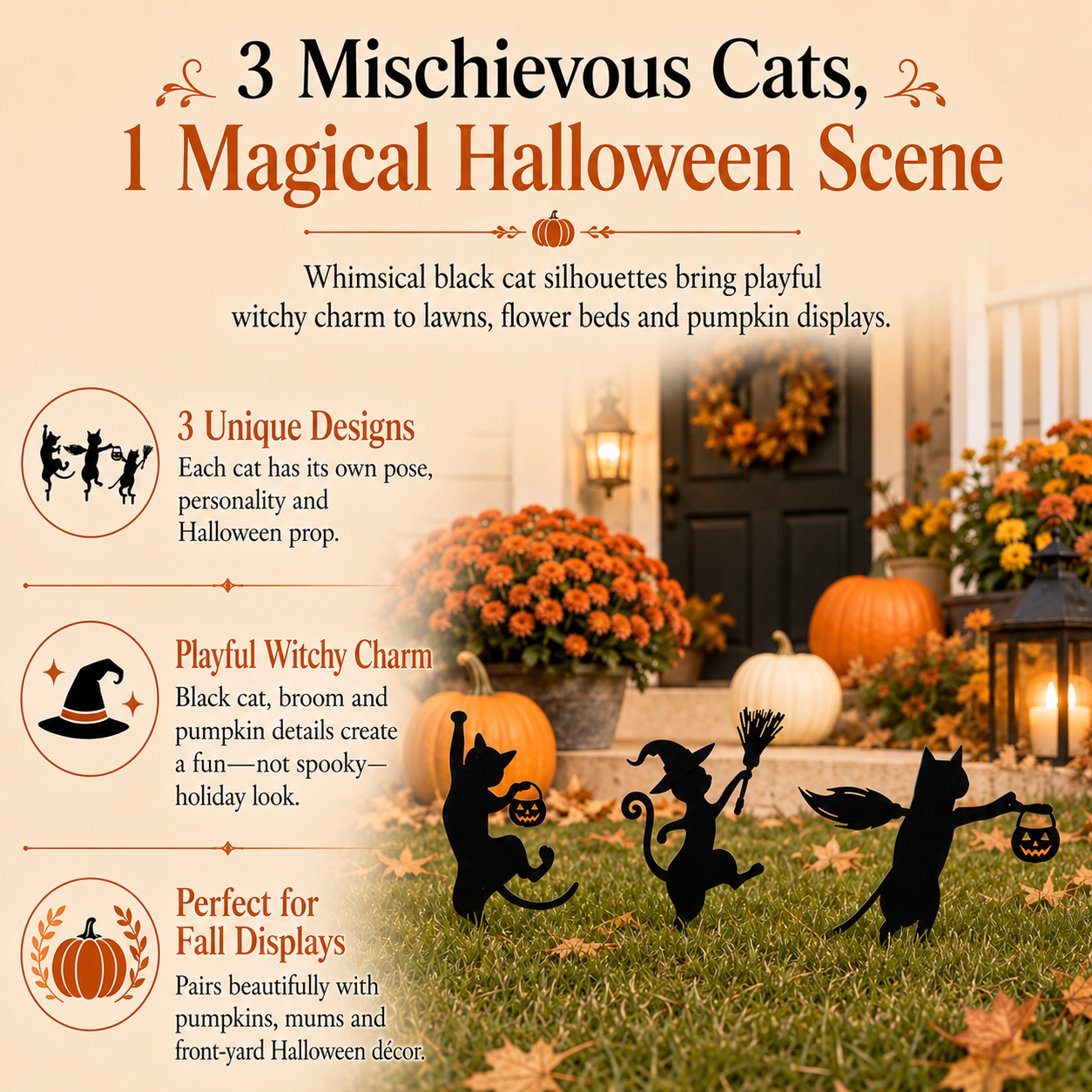 Halloween Black Cat Garden Stakes – 3-Piece Witchy Yard Silhouette Set