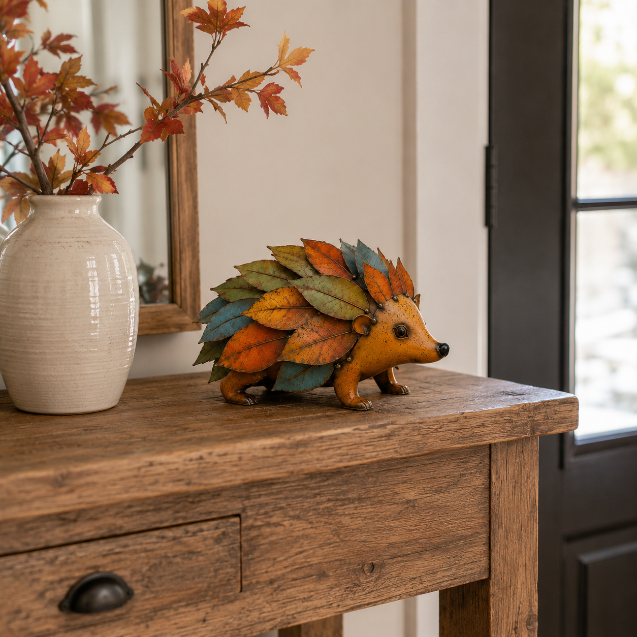 Vintage Autumn Leaf Hedgehog Metal Decor