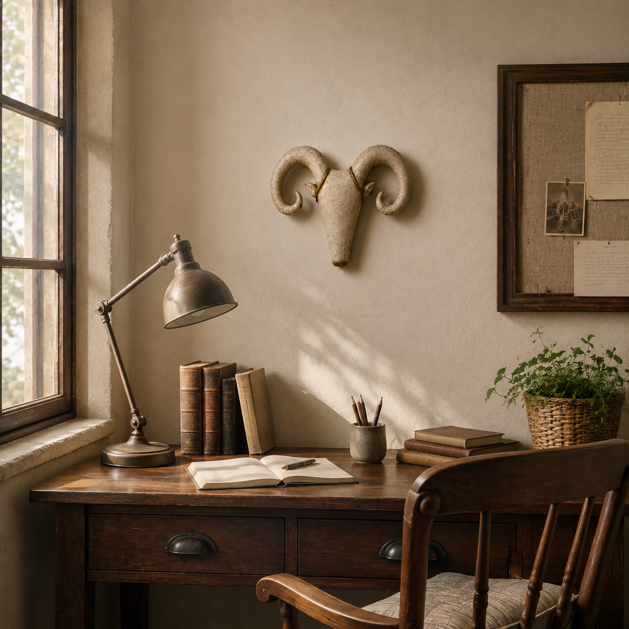Vintage Curled-Horn Ram Wall Sculpture