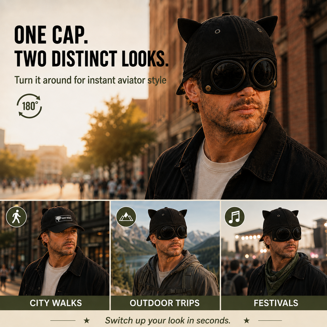 Convertible Cat Ear Baseball Cap with Built-In Goggles