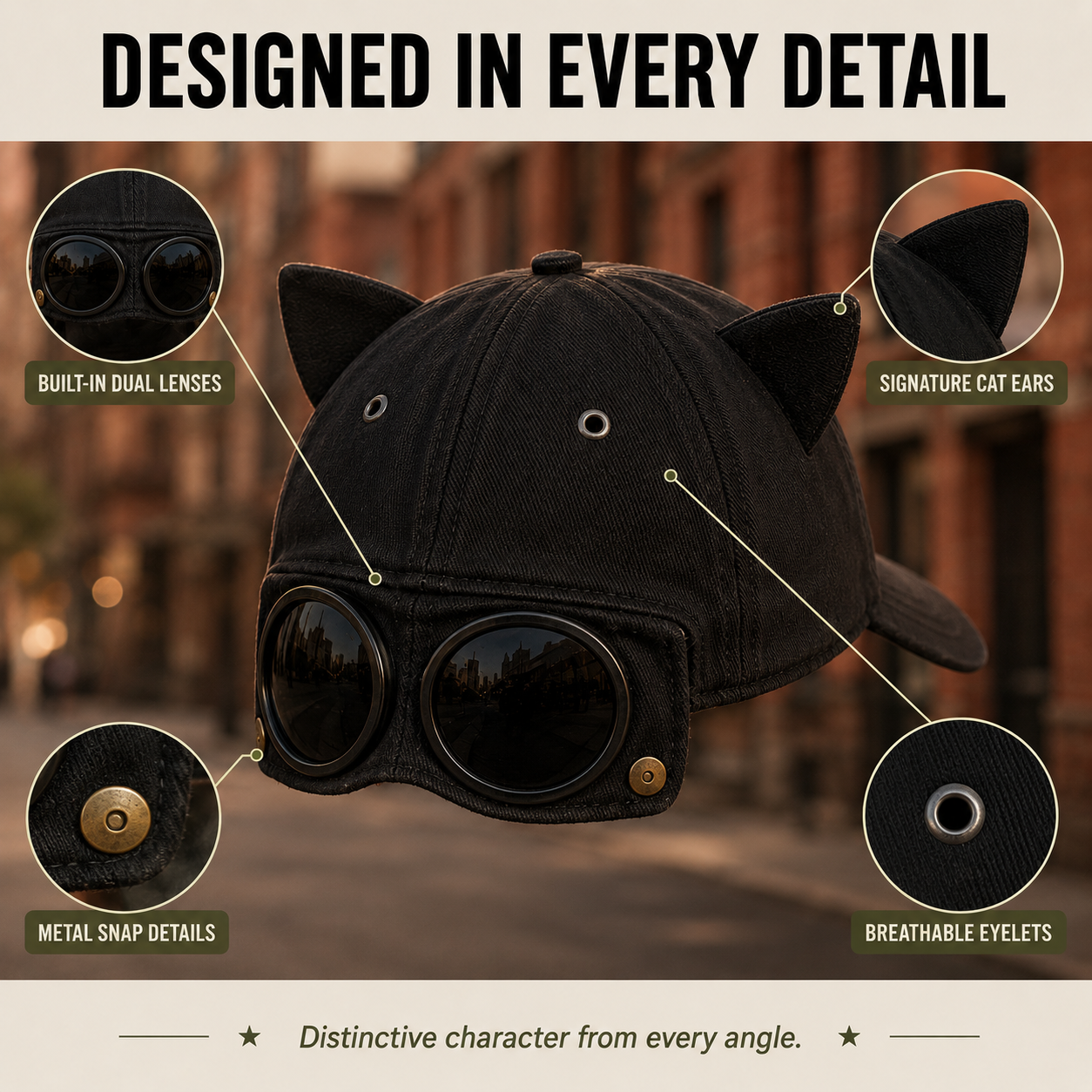 Convertible Cat Ear Baseball Cap with Built-In Goggles